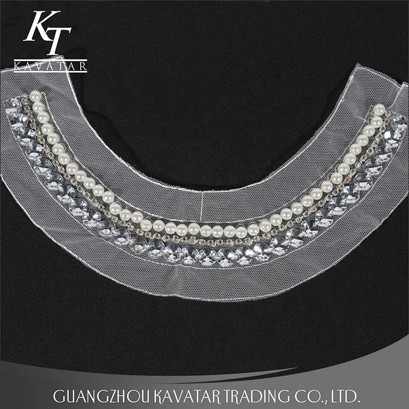 Kavatar Pearl Rhinestone Sew On White Mesh Neckline Trim For garment