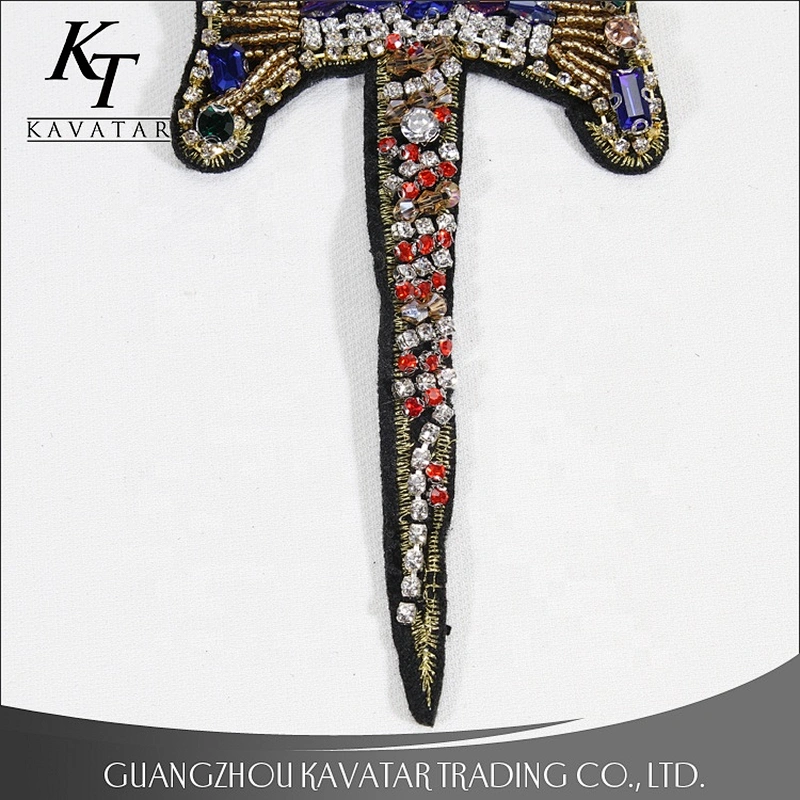 Handmade Beaded Cross Rhinestones Crystal Sword Design Patches Badge Applique Clothing Decorated Sewing Supplies