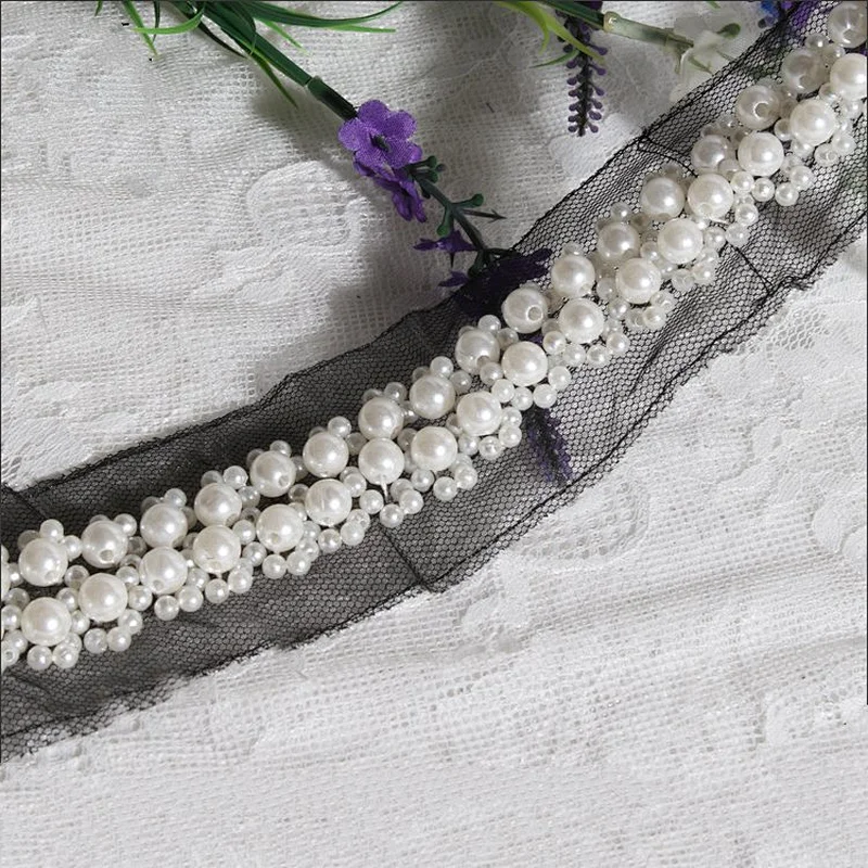 Kavatar Strung Together Sew On Mesh Beads Cyrstal Rhinestone Pearl Lace Trim