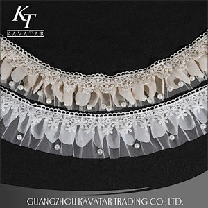 Pleated Lace Trim, Ruffle Trim, Pearl Lace Trim for Bridal Gowns Lace