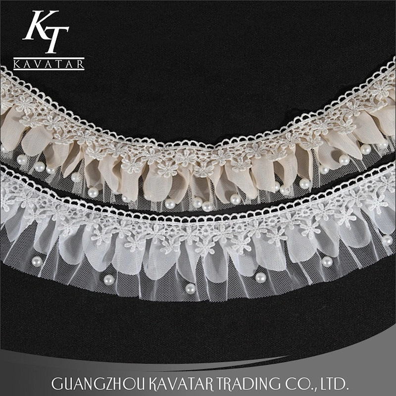 Pleated Lace Trim, Ruffle Trim, Pearl Lace Trim for Bridal Gowns Lace