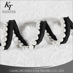 White Pearl Lace Decoration Ribbon Polyester Beaded Trim For Dress