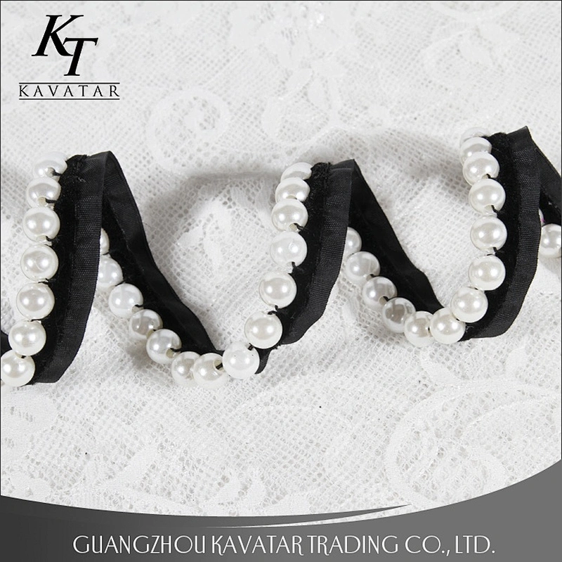 White Pearl Lace Decoration Ribbon Polyester Beaded Trim For Dress