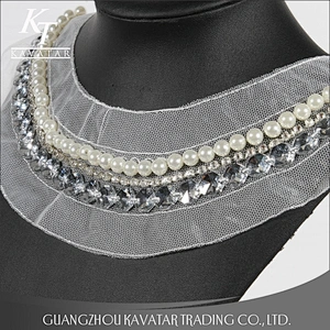 Kavatar Pearl Rhinestone Sew On White Mesh Neckline Trim For garment