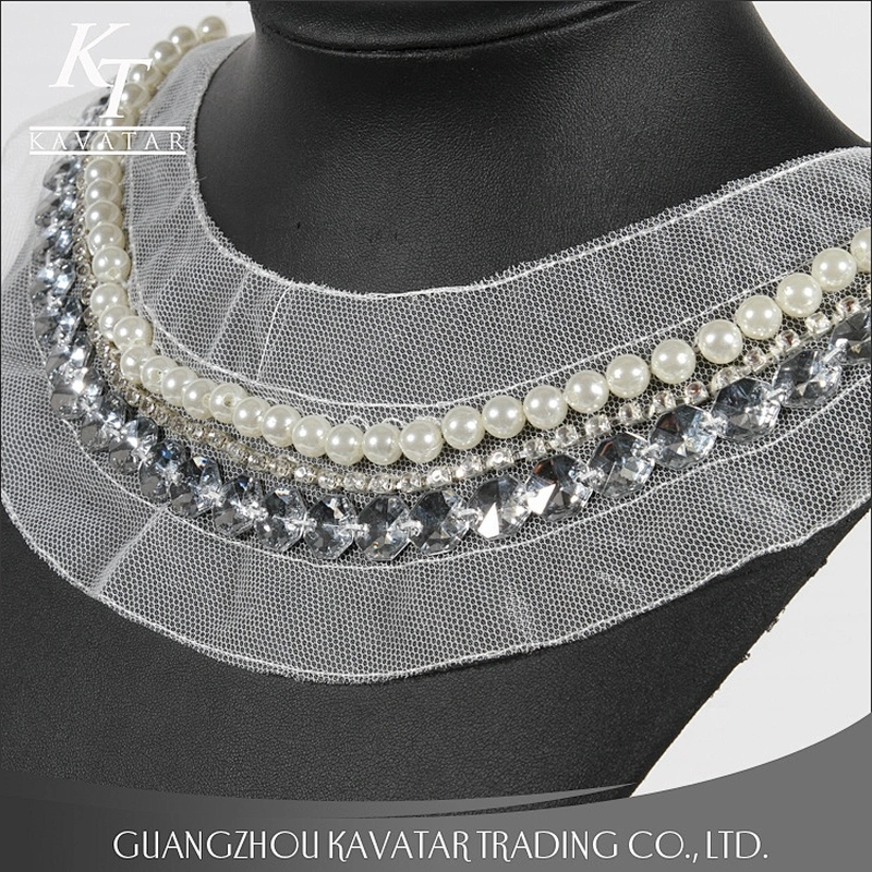 Kavatar Pearl Rhinestone Sew On White Mesh Neckline Trim For garment