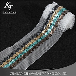 Wholesale Four Rows Sequins Trim Sew On Black Mesh For Decorative Dress