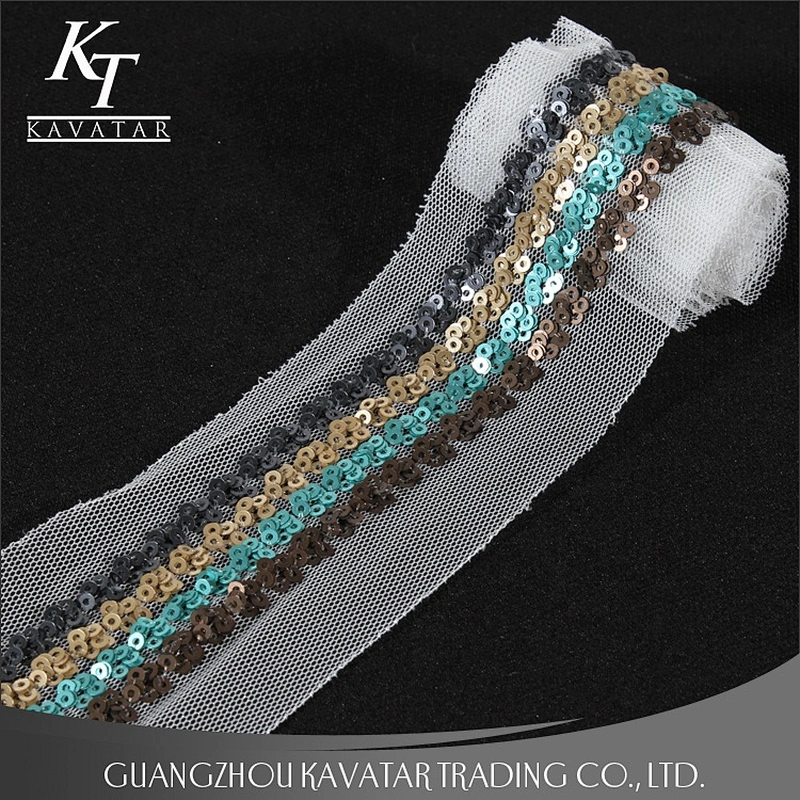 Wholesale Four Rows Sequins Trim Sew On Black Mesh For Decorative Dress