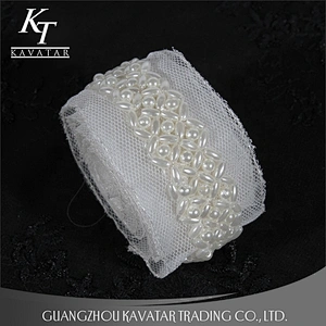 White Beaded Pearl Embroidery Lace Trimming For Wedding Dress