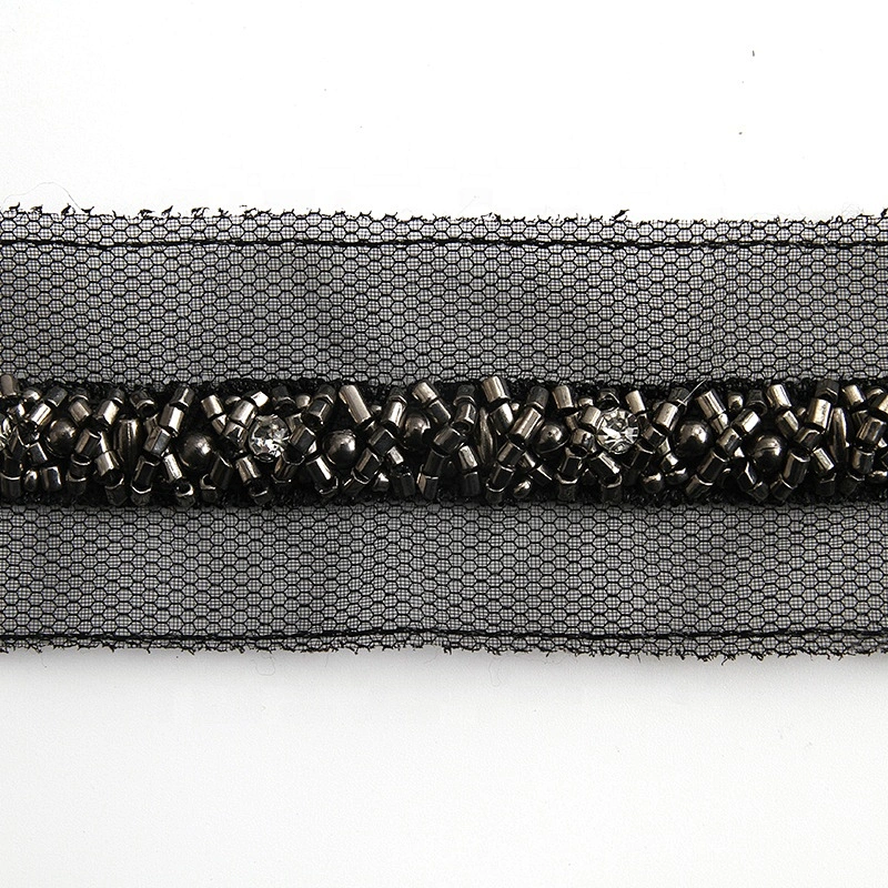 Wholesale polyester pearl lace pearl beaded lace black organza bag pearl lace trim