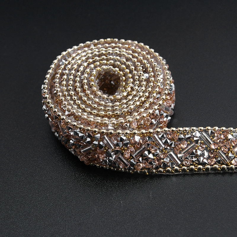 Kavatar Wholesale Glass Gold Chain Trim Fashion Styles Sewing Tube rhinestone trim rolls,colorful hotfix Iron on Trims