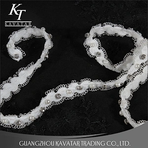 Kavatar Beaded Crystal Rhinestone Pearl Trim Ribbon For Bride Dress