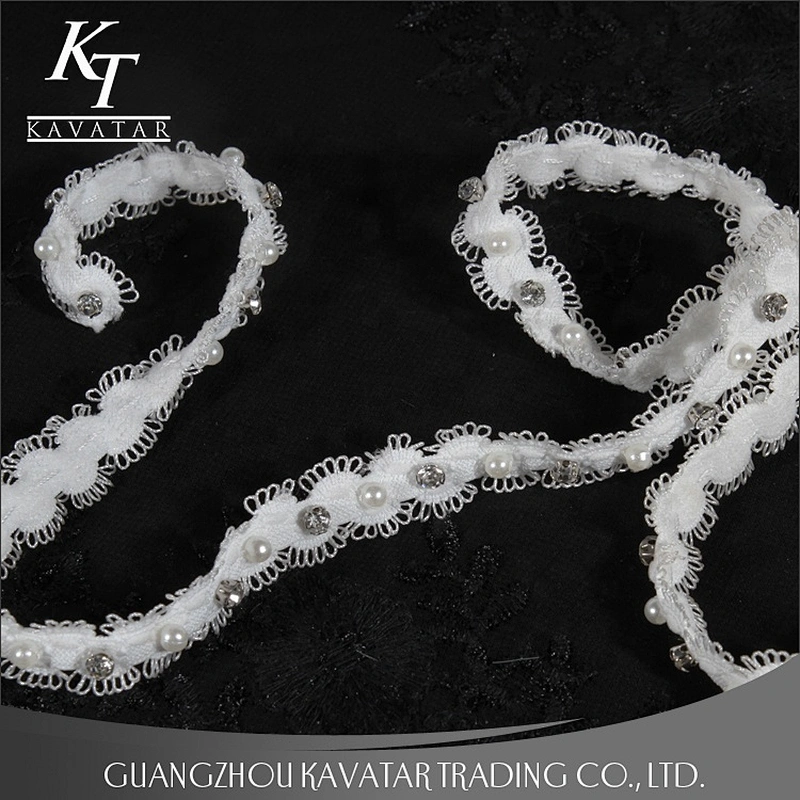 Kavatar Beaded Crystal Rhinestone Pearl Trim Ribbon For Bride Dress