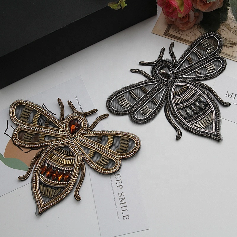 Fashion clothes and bag decorate wholesale beaded rhinestone bee applique patch