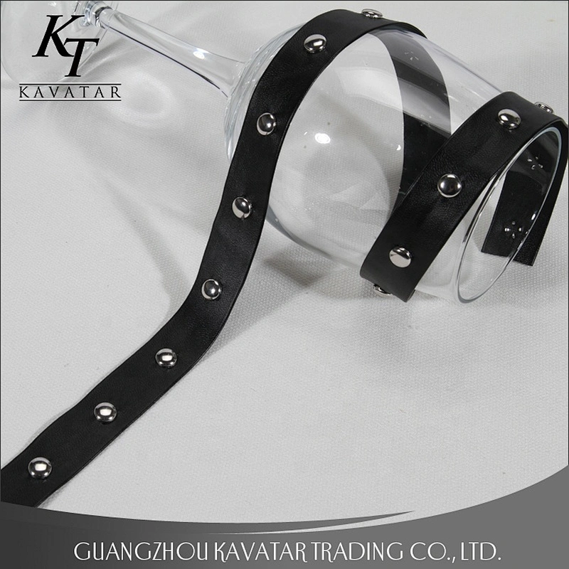 Black artificial leather trim ribbon tapes decoration with Copper rivet beads for garment and bag
