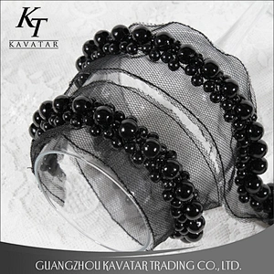Elegant black pearls lace beaded embroidery lace trim tape for dress