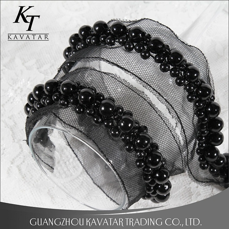 Elegant black pearls lace beaded embroidery lace trim tape for dress