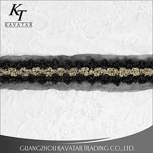 High quality black beaded lace mesh tape with crystal sewed handmade