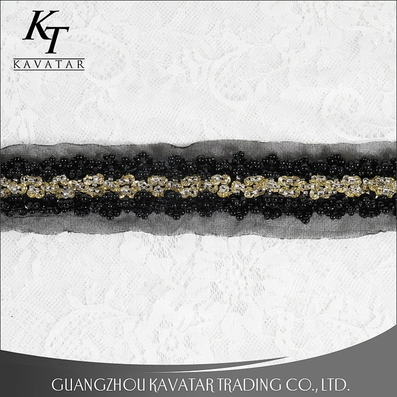 High quality black beaded lace mesh tape with crystal sewed handmade