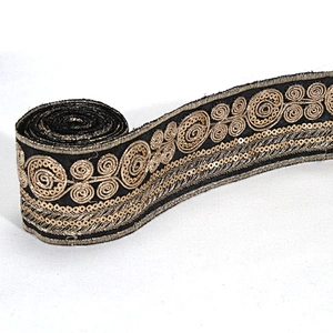 Black Bullion Embroidery Floral Pattern Sequin Beaded Mesh Lace Tape for Clothing Dresses Hats