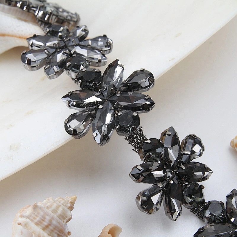 Flower Shape Crystal AB Red Black Rhinestone Chain Trims Costume Applique Sewing Craft Wholesale