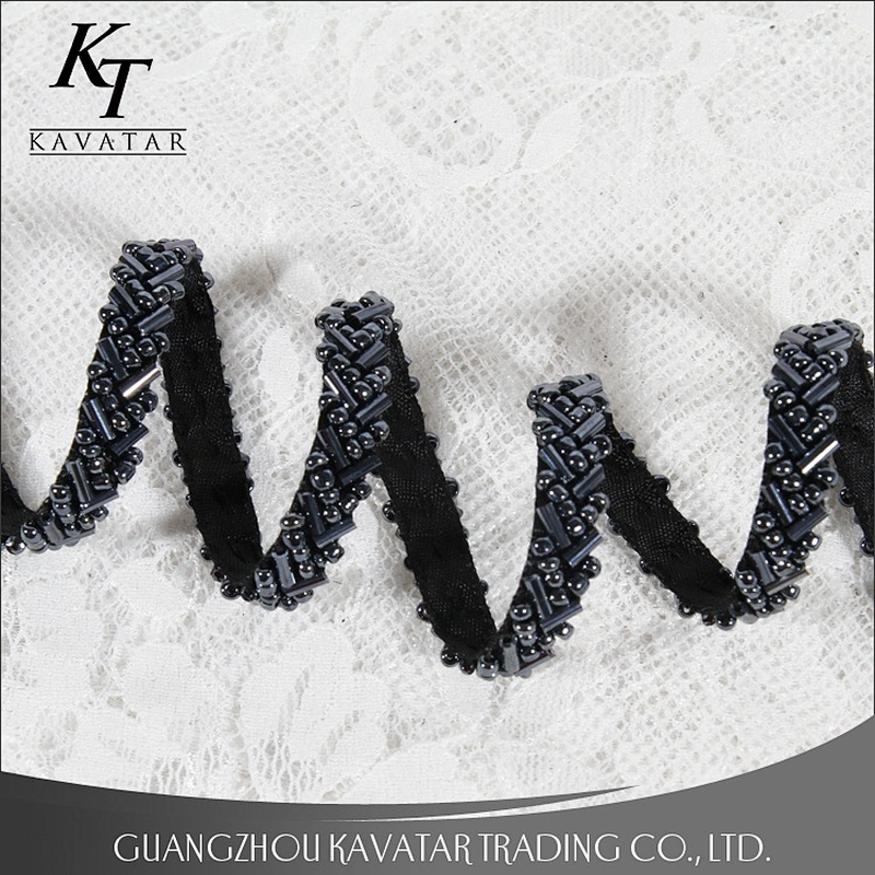 Kavatar Design 1cm Width Inclined Black Small Beads Lace Trim