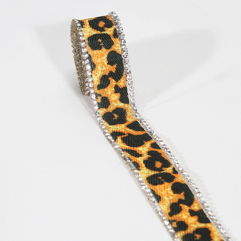 Wholesale 2cm Leopard Print Grosgrain Ribbon Rhinestone Border Hotfix Transfer Trim