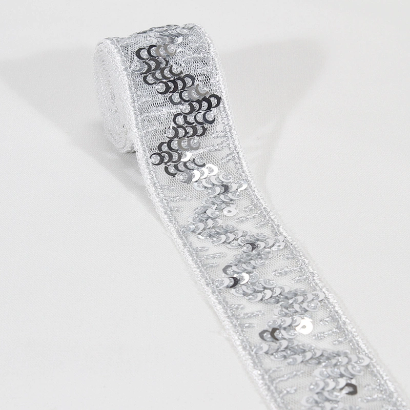 Stock Stylish White V Letter Shape Tulle Sequin Beaded Lace Trim