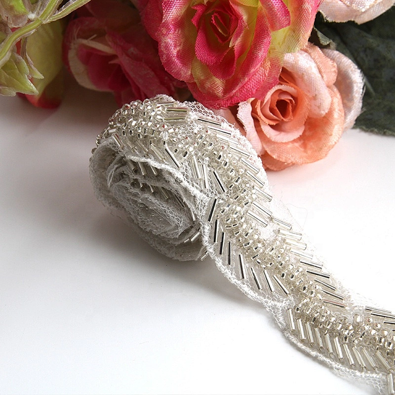 Handmade fancy beaded trim white pearl lace beaded chain lace for wedding dress