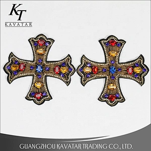 Kavatar Bead Heavy Embroidery Applique Rhinestone Large Cloth Sew Decorative Accessories Cross Patch