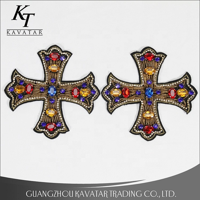 Kavatar Bead Heavy Embroidery Applique Rhinestone Large Cloth Sew Decorative Accessories Cross Patch