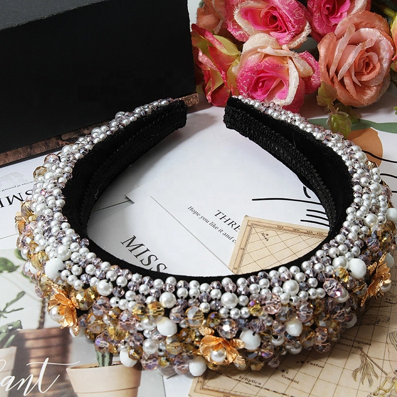 Pink bead headband blue color pearl headband Bridal with hand sewn acrylic bead flower Hairbands bow hairband latest hairband de