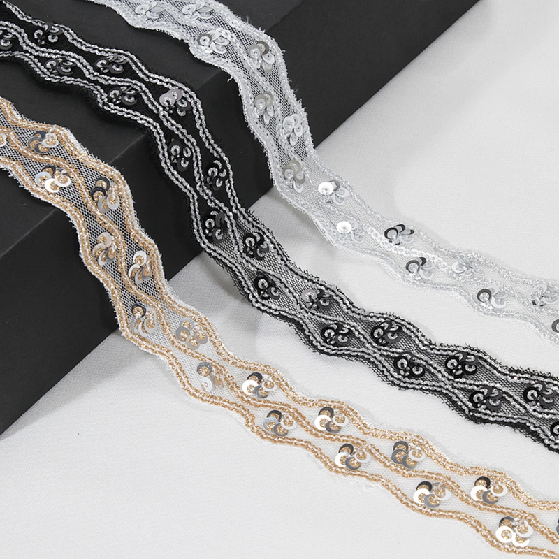 Handmade Wavy Shape Sequin Mesh Guipure Lace Trim for Clothing