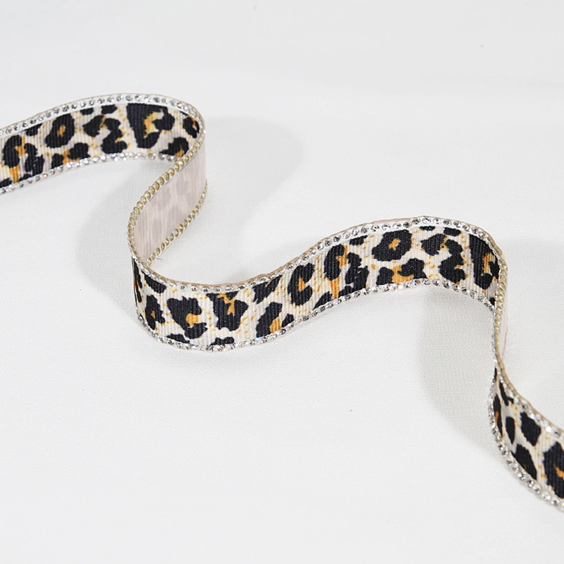 Wholesale 2cm Leopard Print Grosgrain Ribbon Rhinestone Border Hotfix Transfer Trim