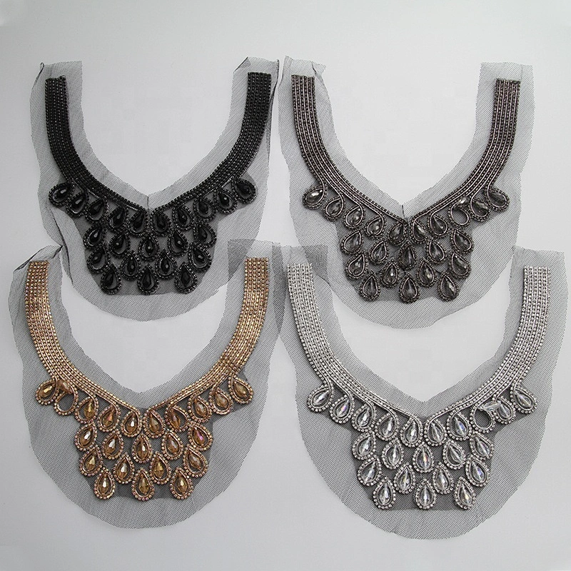 Factory wholesale gold decoration handmade collar patches with bead patches for clothing beaded trims for fashion garments