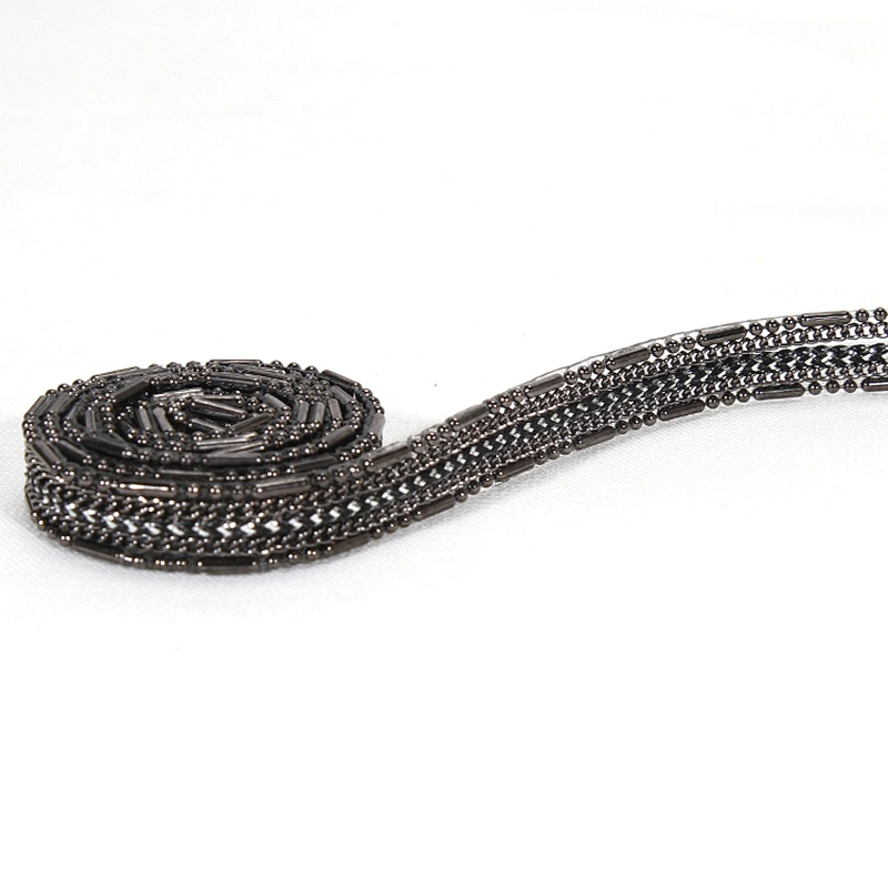 Wholesale Black Copper Chain Plastic Beaded Hotfix Webbing Trimming for Garments Sleeves Dresses Banding