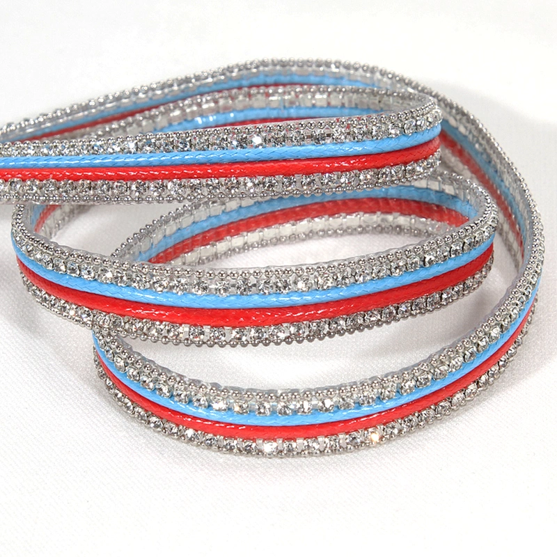 Wholesale 1cm Accessories Beaded Rhinestone Hot Fix Trimming with Red Blue Polyester Strips
