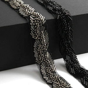 Fashion black color handmade pearl beaded rhinestoneslace trim designs sewing on garments
