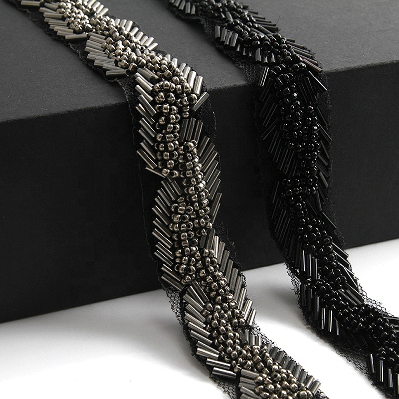 Fashion black color handmade pearl beaded rhinestoneslace trim designs sewing on garments