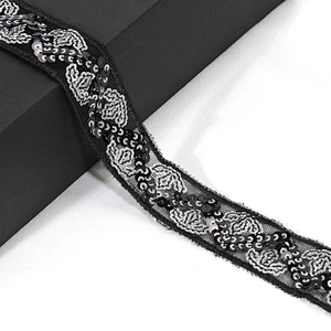 Stock Chic Embroidery Maple Leaf Design Sequin Beaded Tulle Lace Trim