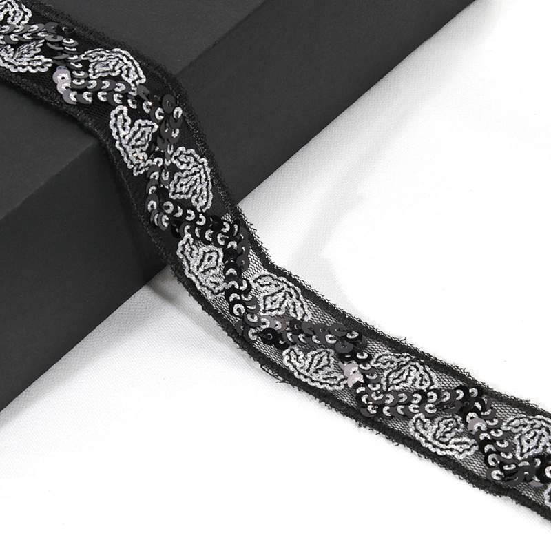 Stock Chic Embroidery Maple Leaf Design Sequin Beaded Tulle Lace Trim