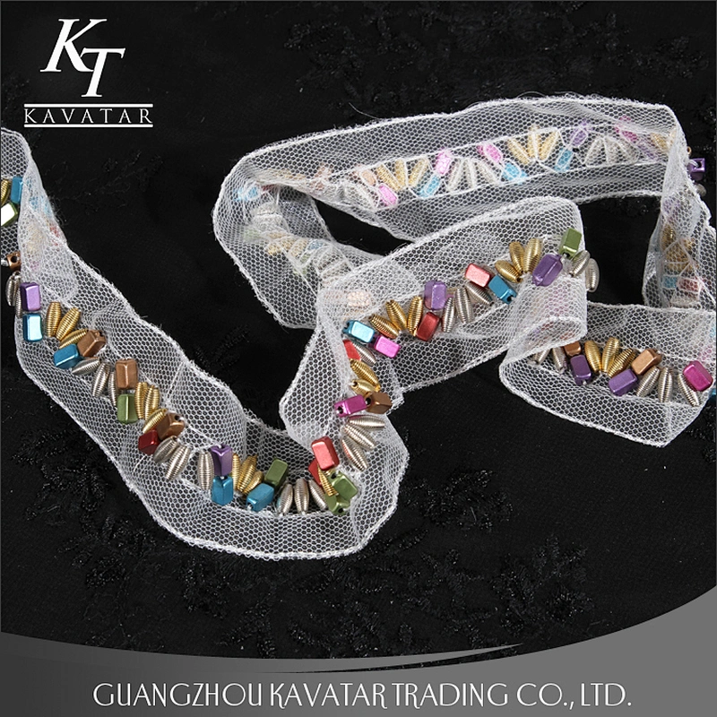Beautiful colorful screw Copper beaded lace mesh decoration for garment
