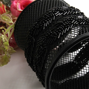 Fashion black color handmade pearl beaded rhinestoneslace trim designs sewing on garments