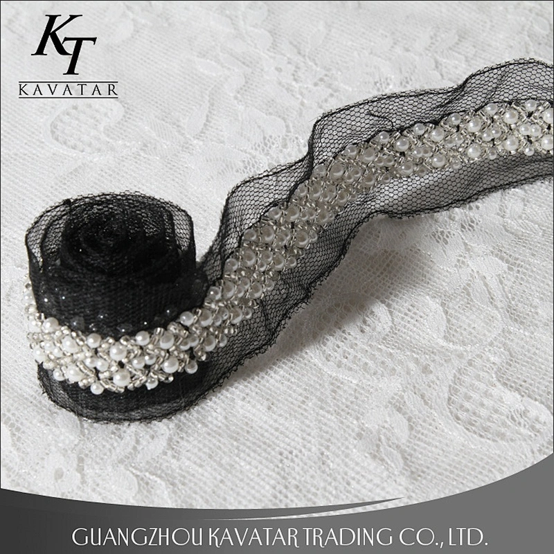 Beautiful White Beaded Lace Black Mesh Design Lace Trim For Decorative Wedding Dress