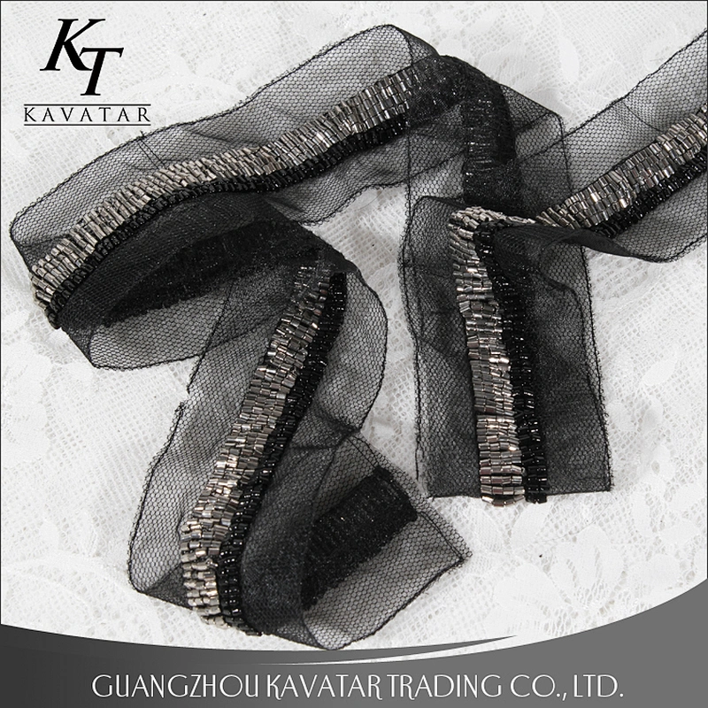Fashion Lace Trims Black kavatar Bead Hand Embroidery Beaded Trimming