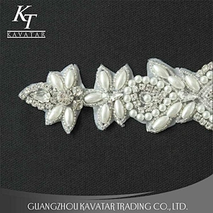 Rhinestone and pearl sew on beaded applique patches,ornaments applique trim rhinestone trim for wedding dress
