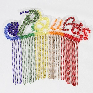 Trendy Iron On Rainbow Color Rhinestone Letter Patch with Beads Fringes