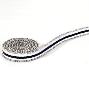 Design iron on hot fix rhinestone trim with white black strip ribbon