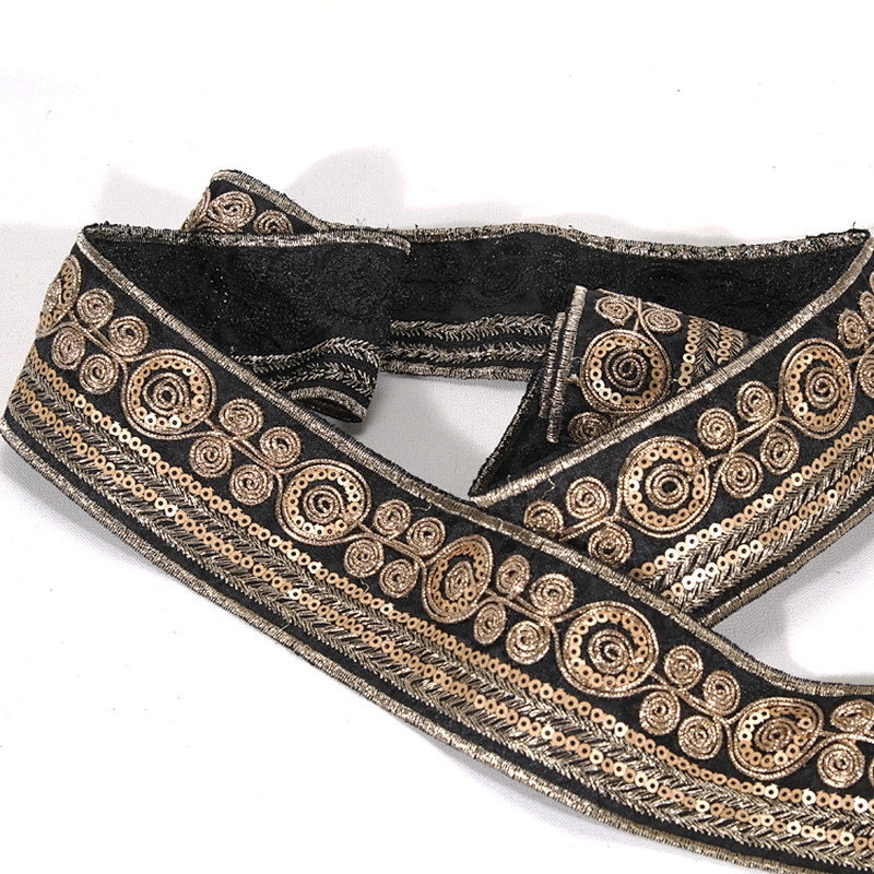 Black Bullion Embroidery Floral Pattern Sequin Beaded Mesh Lace Tape for Clothing Dresses Hats