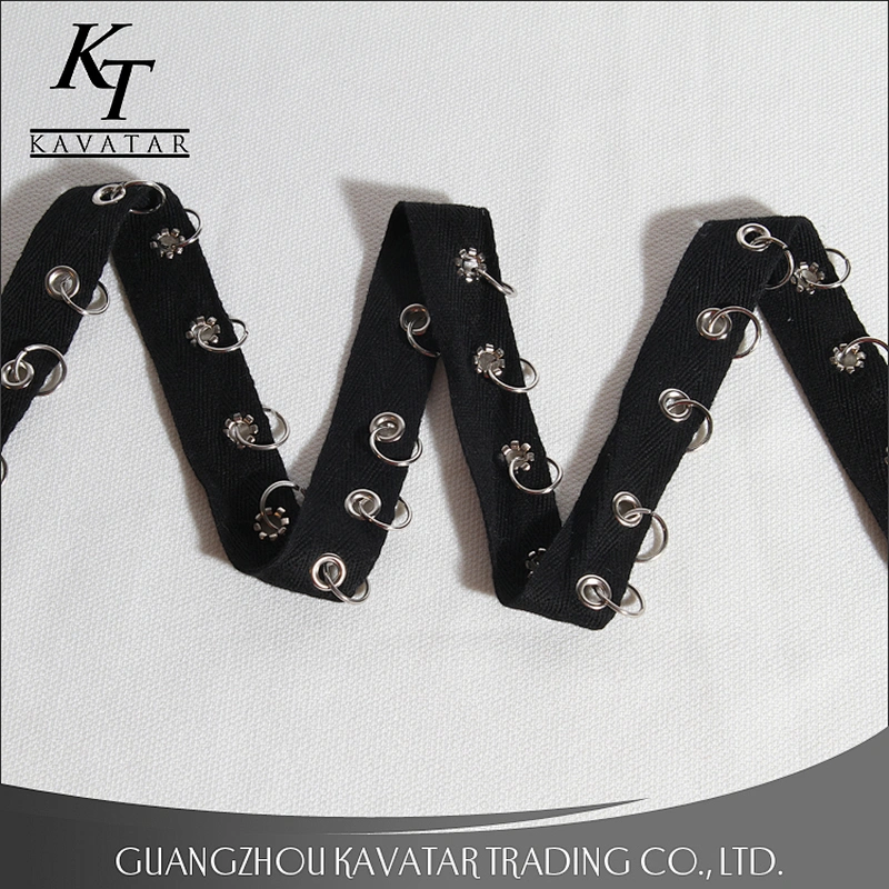 Fashion herringbone style polyester eyelet with iron hoop lace trim for garment,bags,hat,shoe