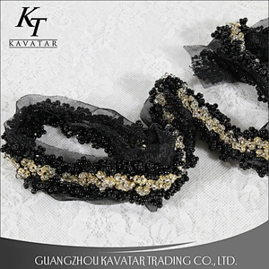 High quality black beaded lace mesh tape with crystal sewed handmade